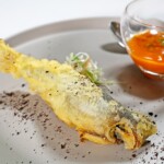 鮎のコンフィ　ガスパチョ+トマトコンカッセ　白葱、胡瓜、ミョウガのサラダ